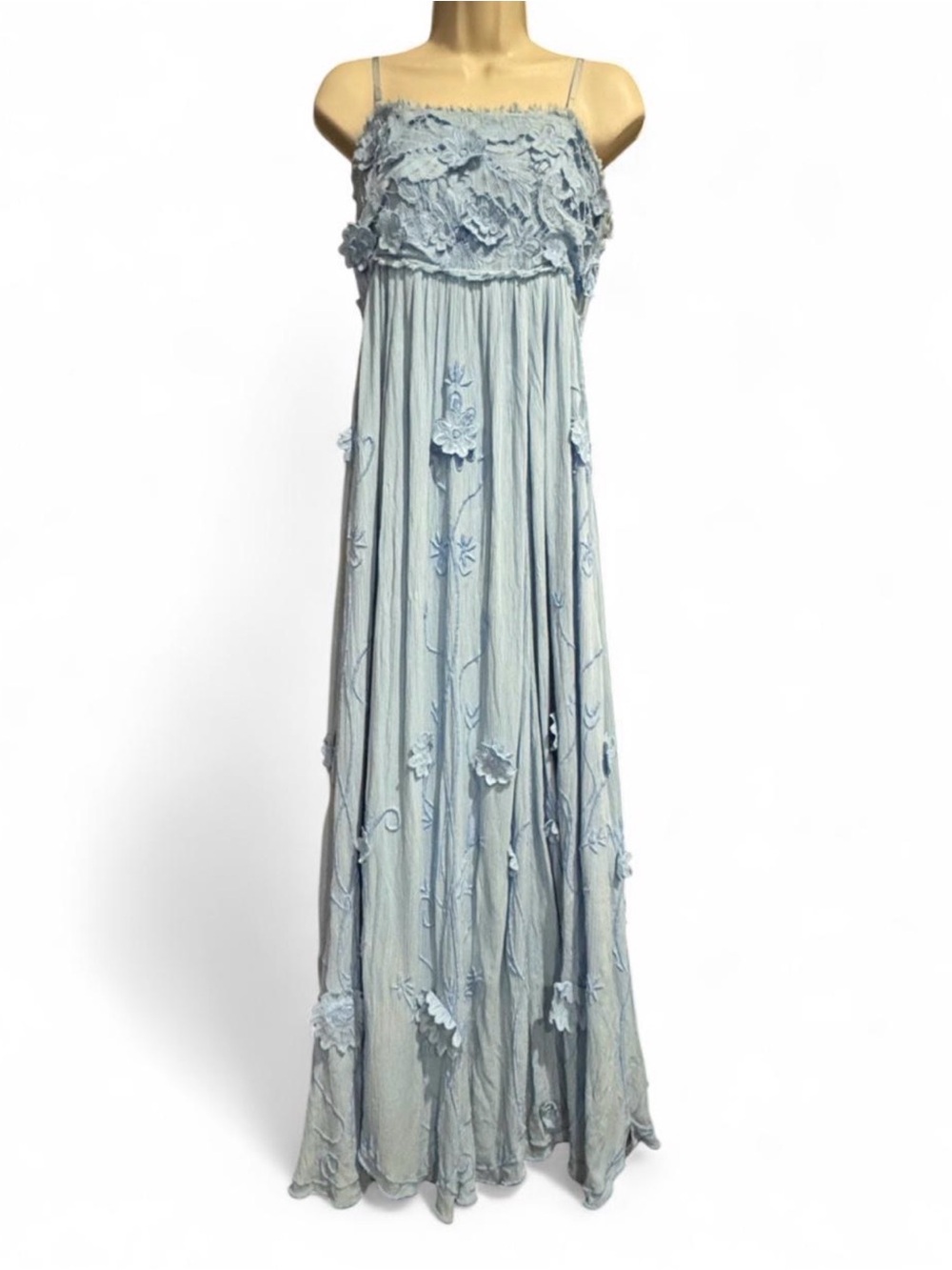 Free People Rosa Blue Embroidered Maxi Dress Boho Fairycore M